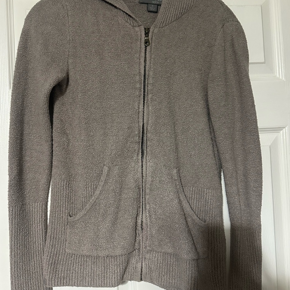 Barefoot Dreams Plush Hooded Zip Cardigan - Light Taupe